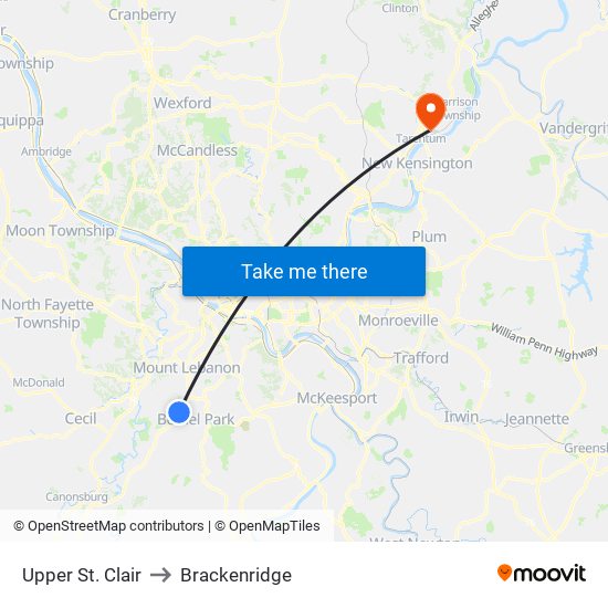 Upper St. Clair to Brackenridge map