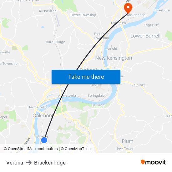 Verona to Brackenridge map