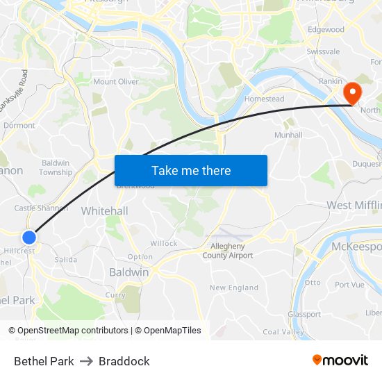 Bethel Park to Braddock map