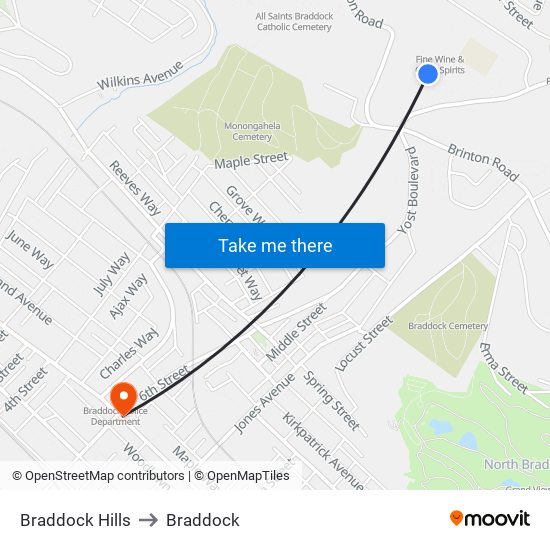 Braddock Hills to Braddock map