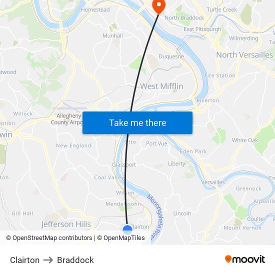 Clairton to Braddock map