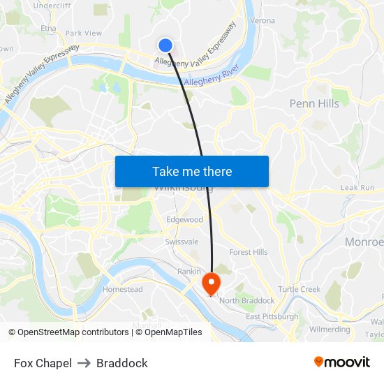 Fox Chapel to Braddock map