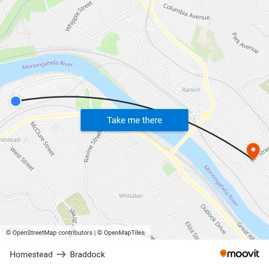 Homestead to Braddock map