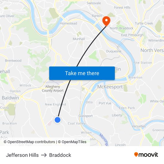 Jefferson Hills to Braddock map