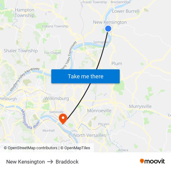New Kensington to Braddock map