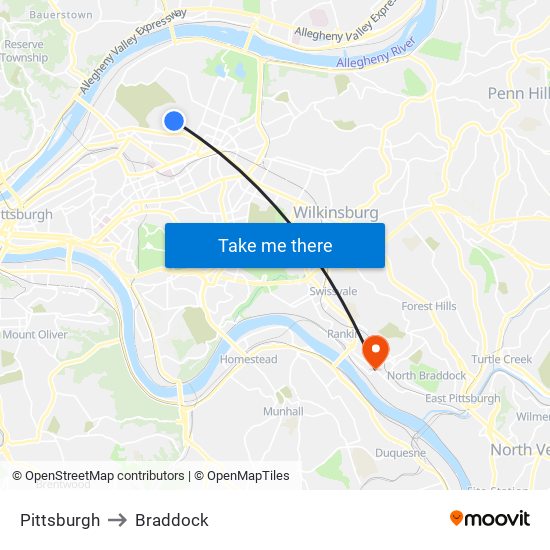 Pittsburgh to Braddock map