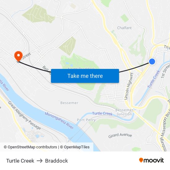 Turtle Creek to Braddock map