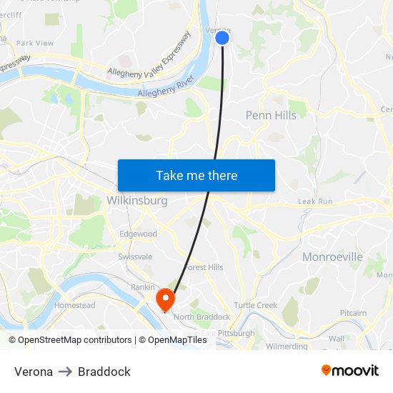 Verona to Braddock map