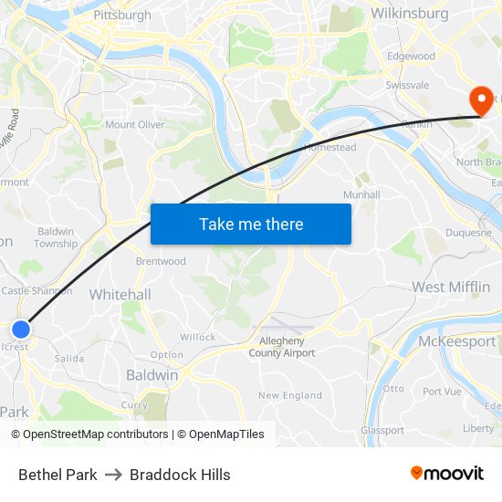 Bethel Park to Braddock Hills map