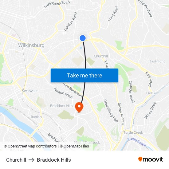 Churchill to Braddock Hills map