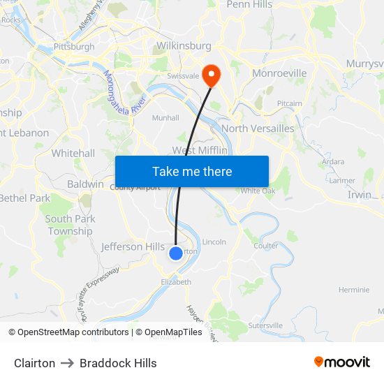 Clairton to Braddock Hills map