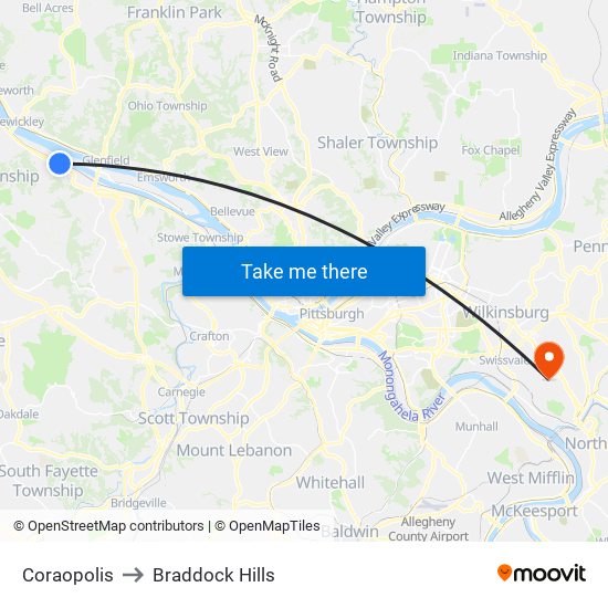 Coraopolis to Braddock Hills map