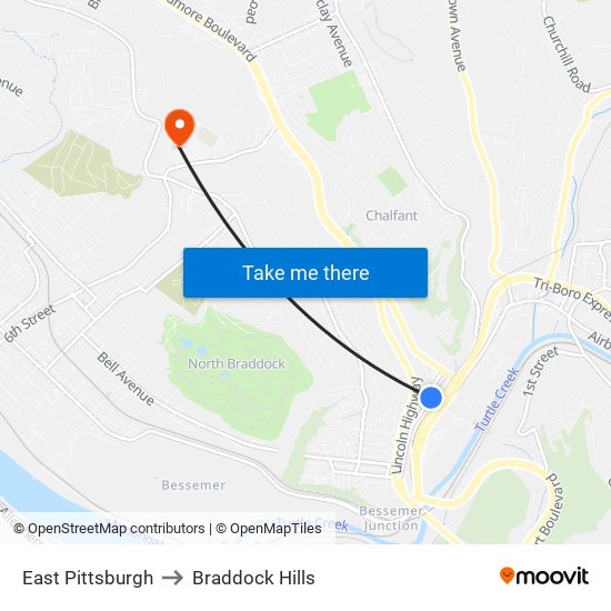 East Pittsburgh to Braddock Hills map