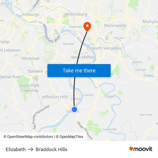 Elizabeth to Braddock Hills map