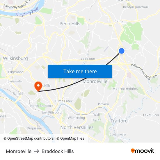 Monroeville to Braddock Hills map