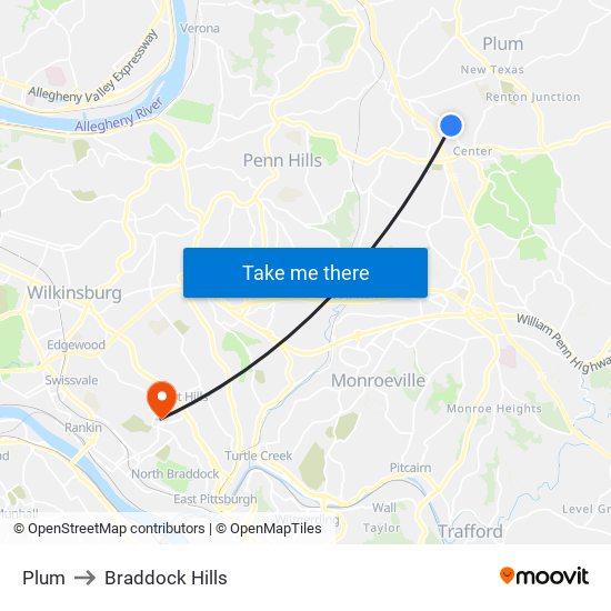 Plum to Braddock Hills map
