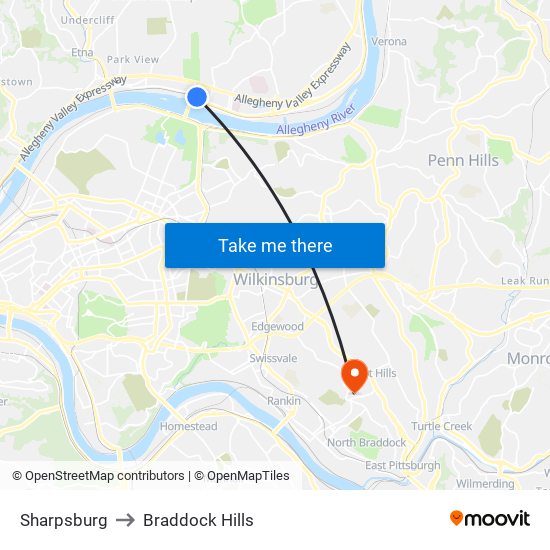 Sharpsburg to Braddock Hills map