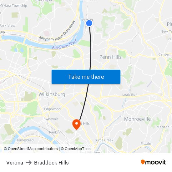 Verona to Braddock Hills map