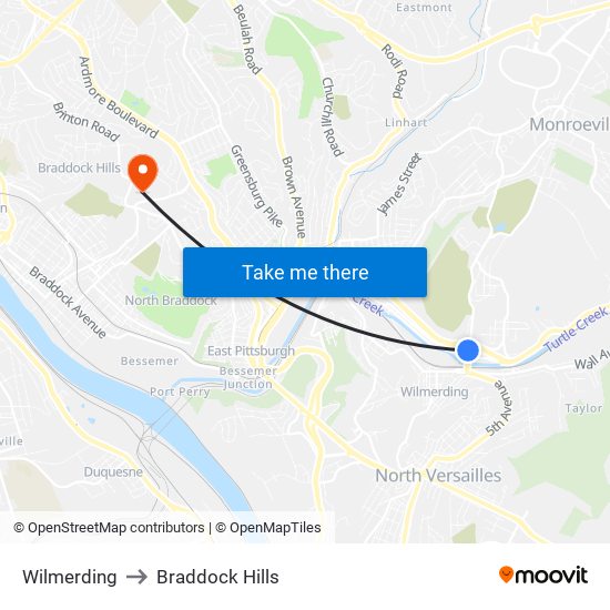 Wilmerding to Braddock Hills map