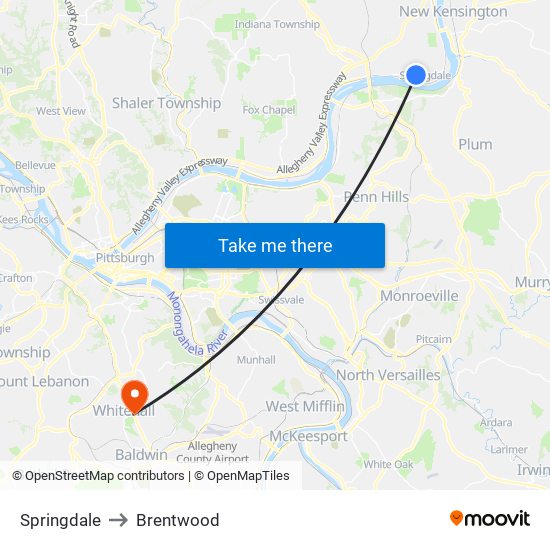 Springdale to Brentwood map