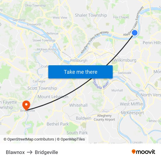 Blawnox to Bridgeville map