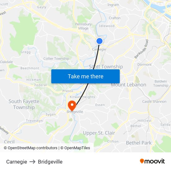 Carnegie to Bridgeville map