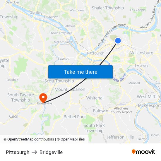 Pittsburgh to Bridgeville map