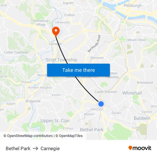 Bethel Park to Carnegie map