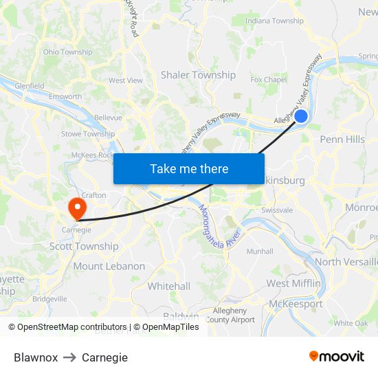 Blawnox to Carnegie map