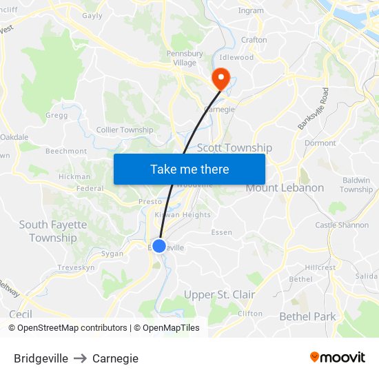 Bridgeville to Carnegie map