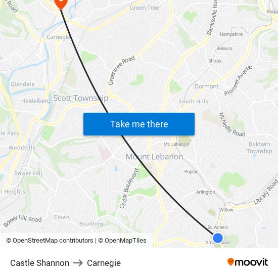 Castle Shannon to Carnegie map