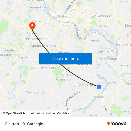 Clairton to Carnegie map