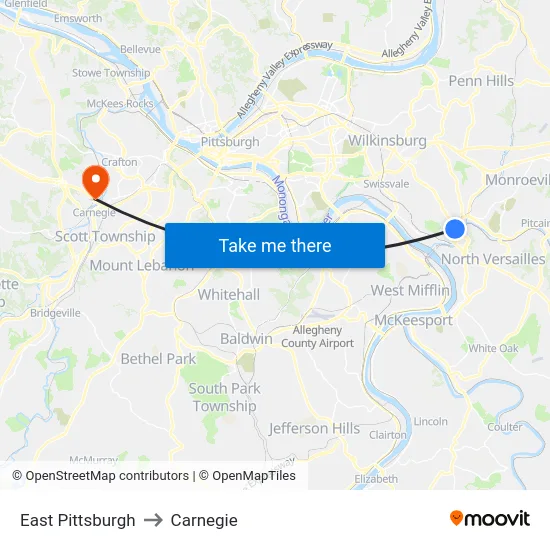 East Pittsburgh to Carnegie map