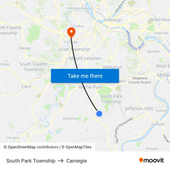 South Park Township to Carnegie map