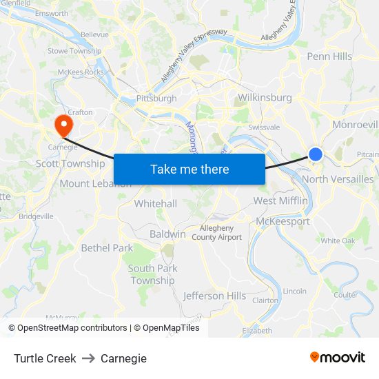 Turtle Creek to Carnegie map