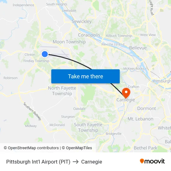 Pittsburgh Int'l Airport (PIT) to Carnegie map