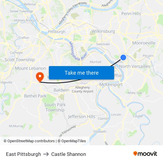 East Pittsburgh to Castle Shannon map