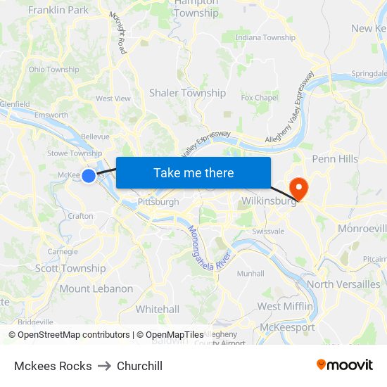 Mckees Rocks to Churchill map