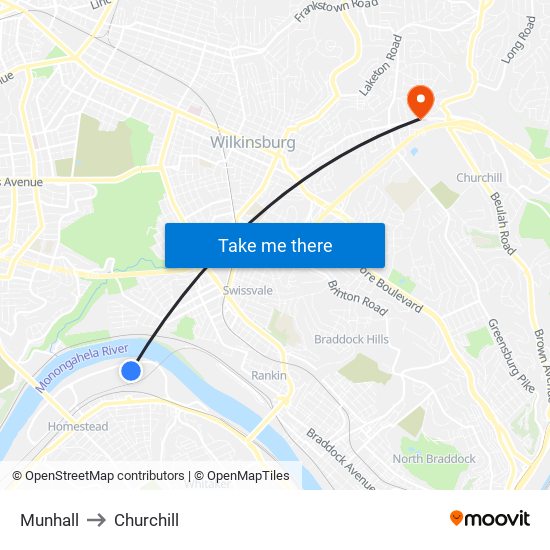 Munhall to Churchill map