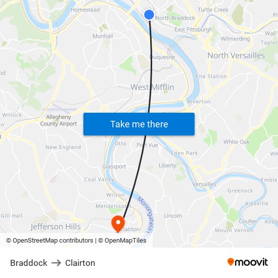 Braddock to Clairton map