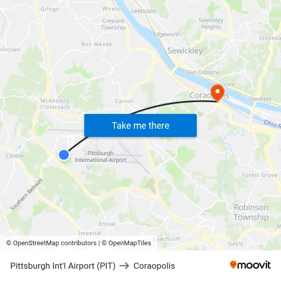 Pittsburgh Int'l Airport (PIT) to Coraopolis map