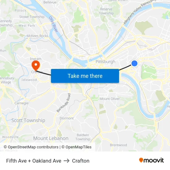 Fifth Ave + Oakland Ave to Crafton map