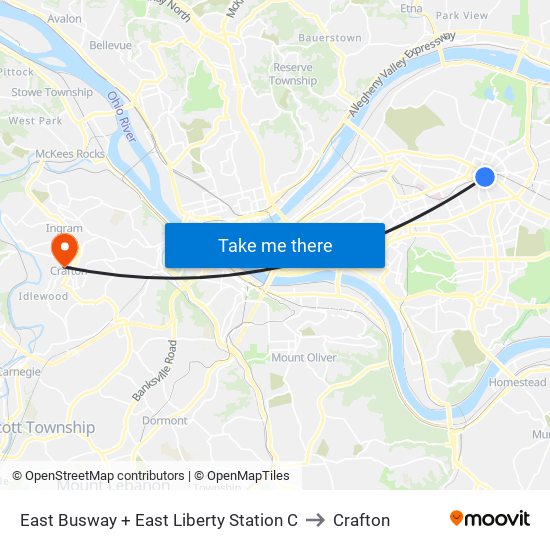 East Busway + East Liberty Station C to Crafton map