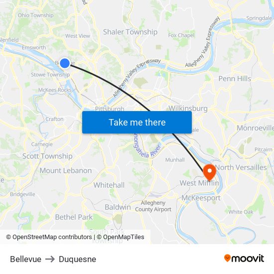 Bellevue to Duquesne map