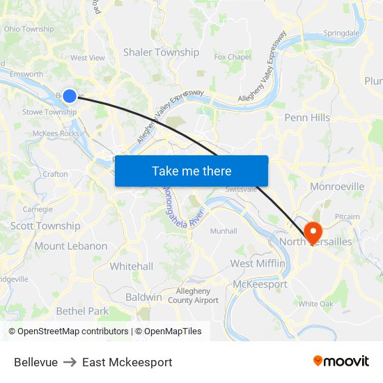 Bellevue to East Mckeesport map
