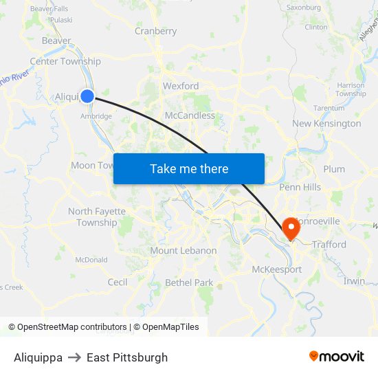 Aliquippa to East Pittsburgh map