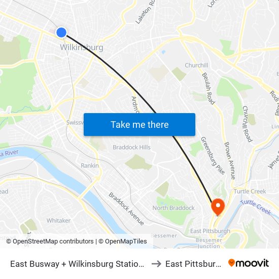 East Busway + Wilkinsburg Station B to East Pittsburgh map