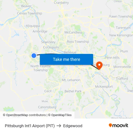 Pittsburgh Int'l Airport (PIT) to Edgewood map