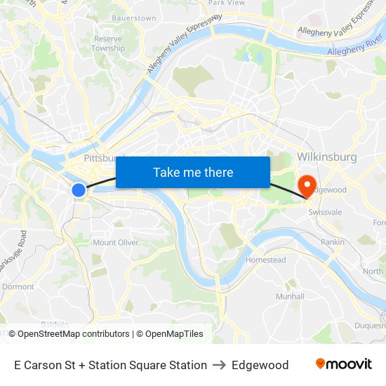 E Carson St + Station Square Station to Edgewood map