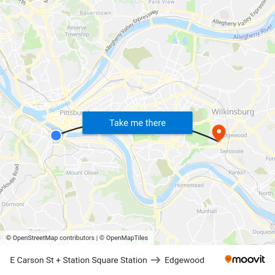 E Carson St + Station Square Station to Edgewood map
